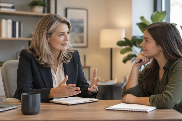Mentoruyla kariyer görüşmesi yapan genç profesyonel