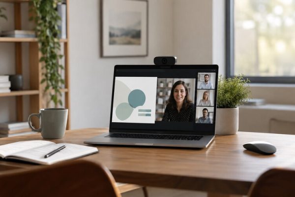 Online sunum için hazırlanmış çalışma masası