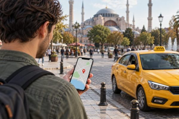 Sarı taksinin yakınında telefonundaki konum işaretine bakan yolcu