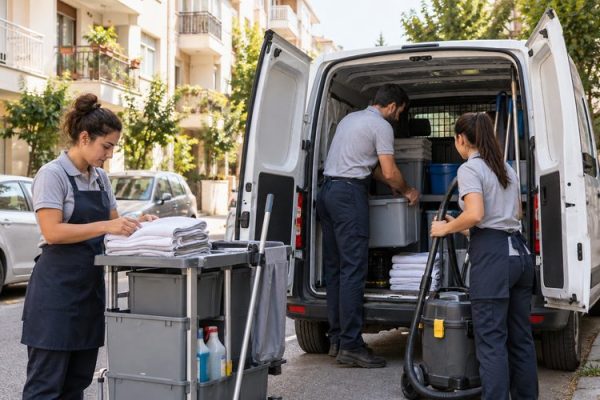 Mahalle sokağında temizlik ekipmanlarını beyaz araca yerleştiren ekip