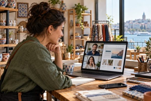 İşletme sahibi web tasarımcıyla çevrim içi görüşme yapıyor