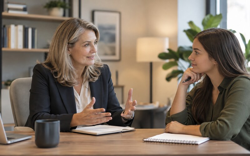 Mentoruyla kariyer görüşmesi yapan genç profesyonel