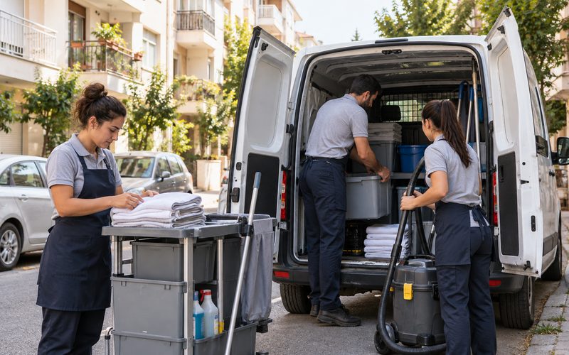 Mahalle sokağında temizlik ekipmanlarını beyaz araca yerleştiren ekip