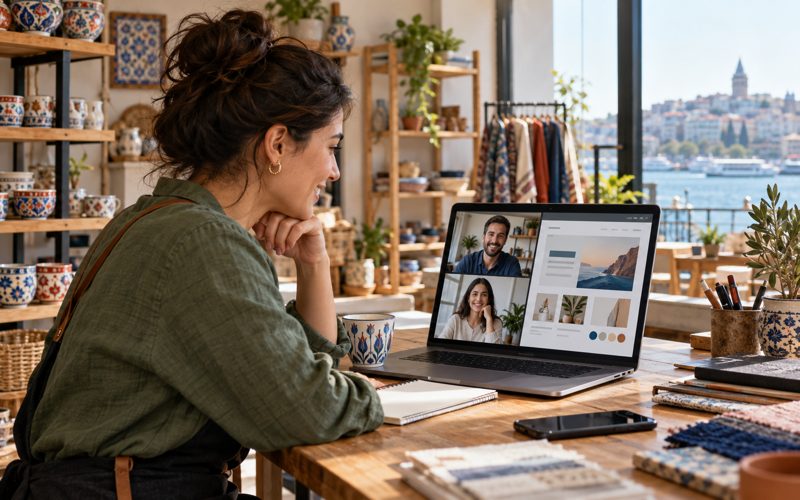 İşletme sahibi web tasarımcıyla çevrim içi görüşme yapıyor